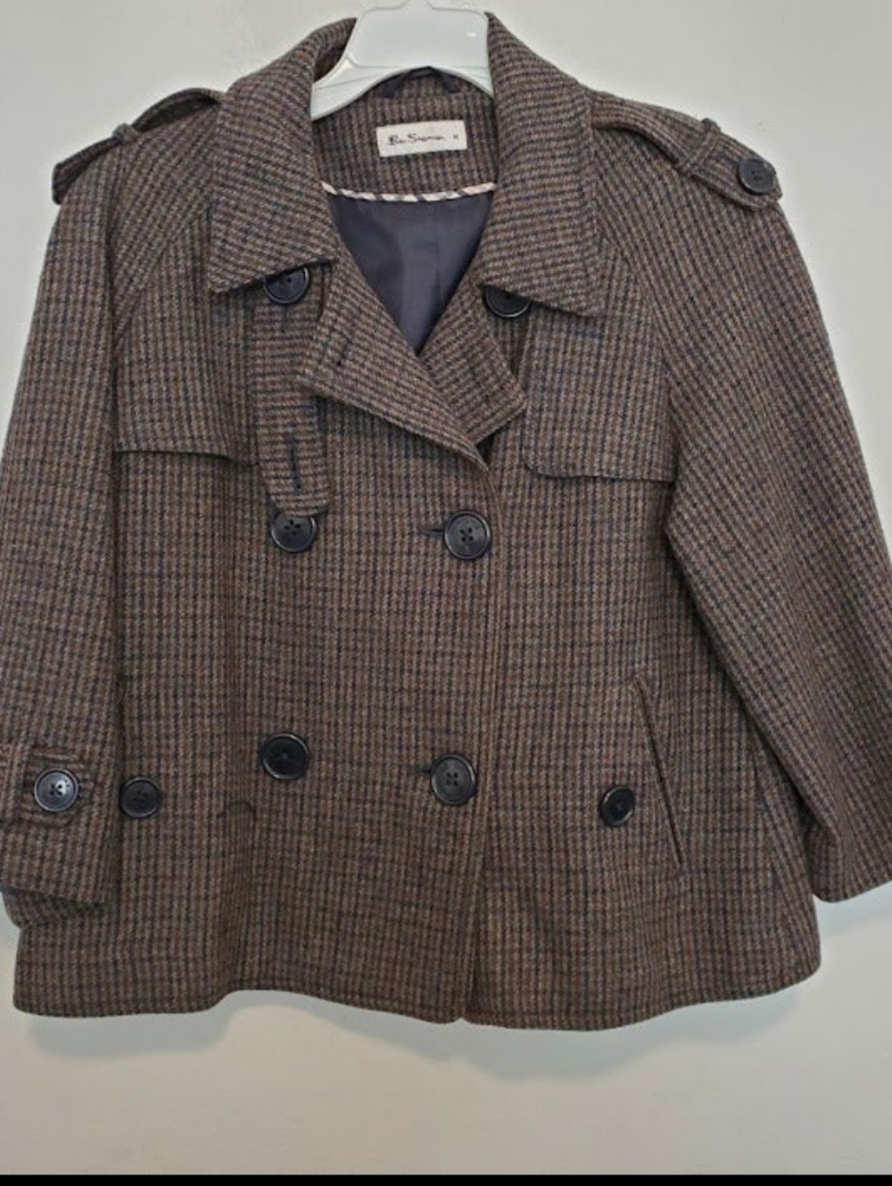 VTG Ben Sherman Sz M Wool Houndstooth Coat Blue Gray Cape Style Cropped Jacket